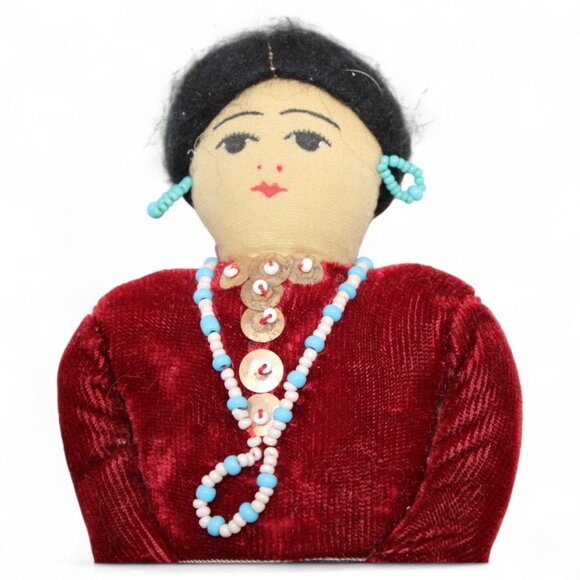 Handmade Native American Doll With Red Velvet Dress Beaded Earrings & Necklace T - Picture 5 of 8